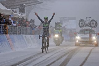 Quintana had to battle through snow to reach the finish line. Photo: Graham Watson