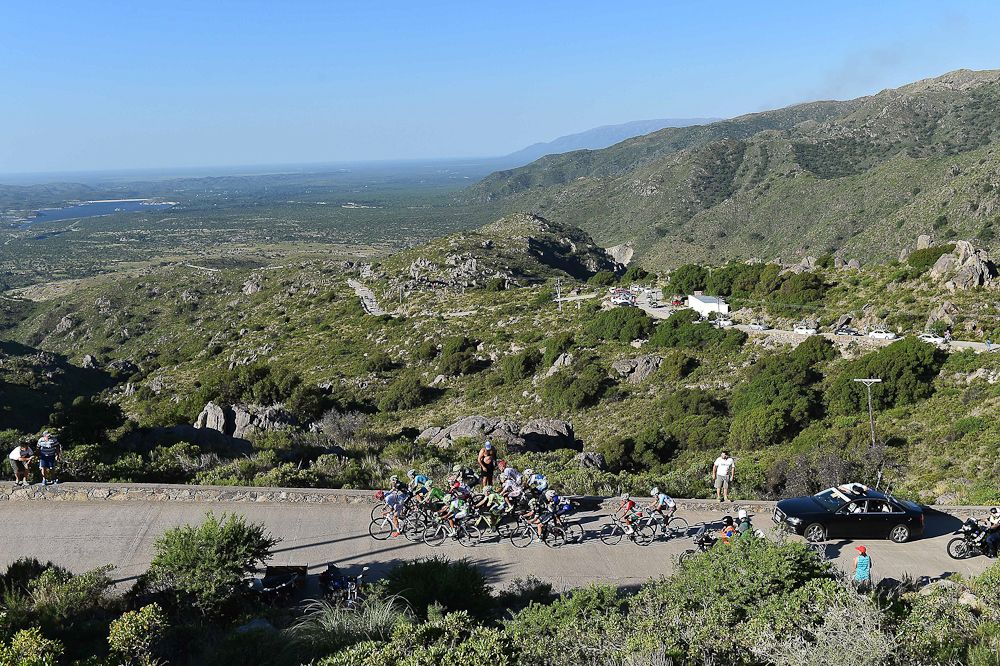 The reduced peloton climbs Cerro El Amago durng stage 4 in San Luis.