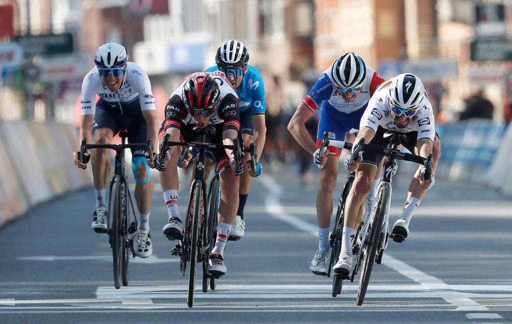 LIEGE BELGIUM APRIL 25 Michael Woods of Canada and Team Israel StartUp Nation Tadej Pogacar of Slovenia and UAE Team Emirates Alejandro Valverde Belmonte of Spain and Movistar Team Julian Alaphilippe of France and Team Deceuninck QuickStep Sprint at arrival during the 107th Liege Bastogne Liege 2021 Mens Elite a 2595km race from Bastogne to Lige LBL on April 25 2021 in Liege Belgium Photo by Bas CzerwinskiGetty Images