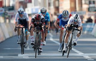 LIEGE BELGIUM APRIL 25 Michael Woods of Canada and Team Israel StartUp Nation Tadej Pogacar of Slovenia and UAE Team Emirates Alejandro Valverde Belmonte of Spain and Movistar Team Julian Alaphilippe of France and Team Deceuninck QuickStep Sprint at arrival during the 107th Liege Bastogne Liege 2021 Mens Elite a 2595km race from Bastogne to Lige LBL on April 25 2021 in Liege Belgium Photo by Bas CzerwinskiGetty Images