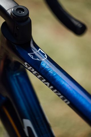 A dark Specialized Tarmac SL8 with wolfpack logo