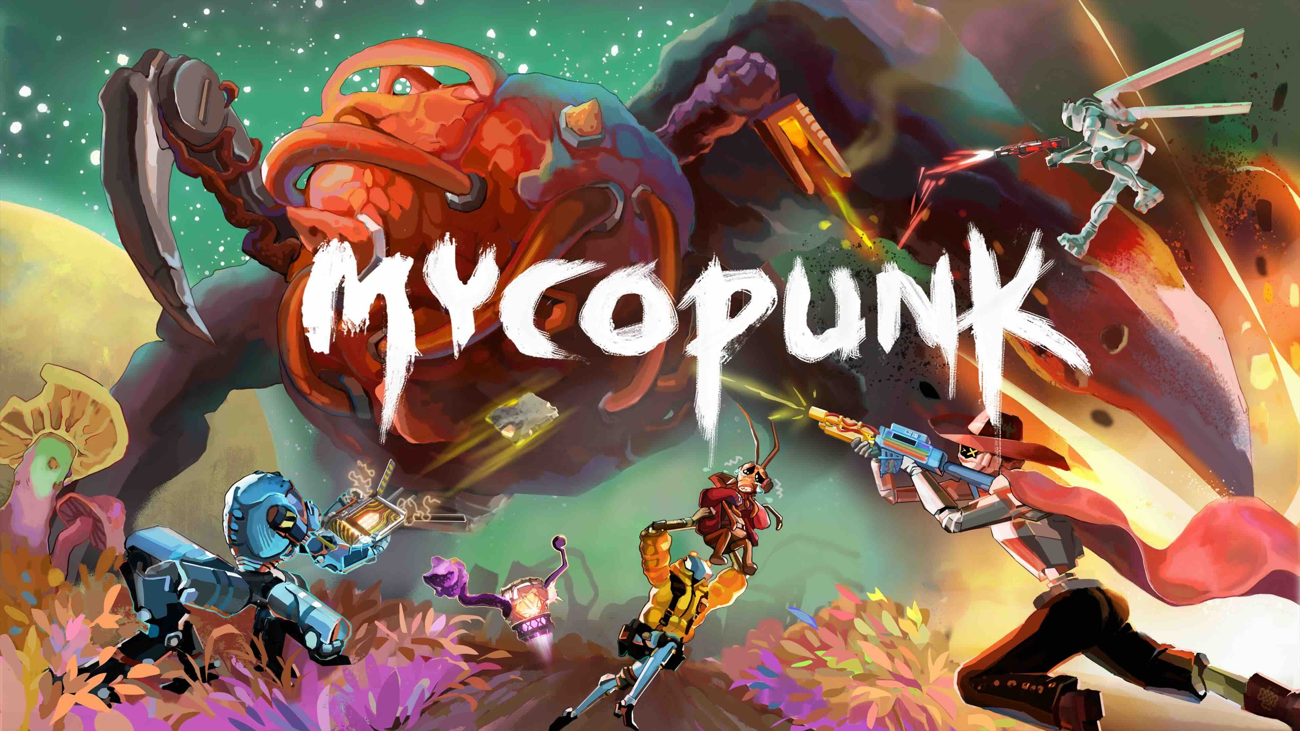 People fight a giant alien beast. The Mycopunk logo is overlaid on top.