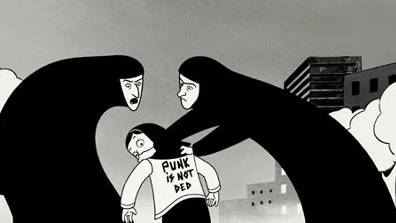 Two women in hijabs grab a girl wearing a 'punk' shirt