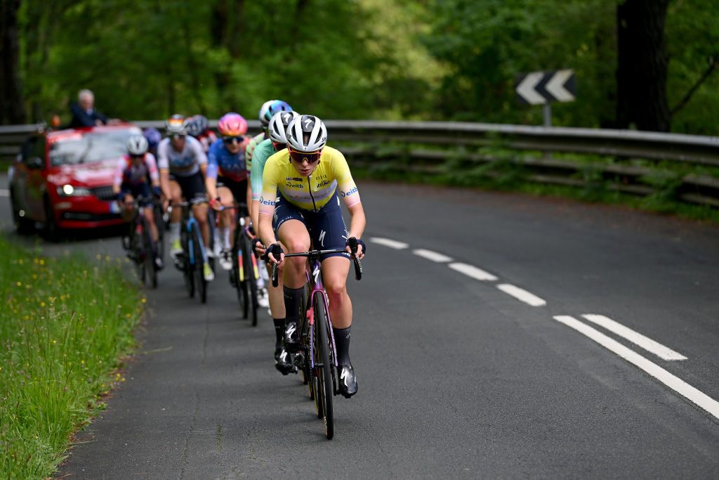SAN SEBASTIAN SPAIN MAY 14 Demi Vollering of The Netherlands and Team SD Worx Yellow Leader Jersey leads the breakaway during the 2nd Itzulia Women 2023 Stage 3 a 1148km stage from Donostia San Sebastian to Donostia San Sebastian UCIWWT on May 14 2023 in Donostia San Sebastian Spain Photo by Dario BelingheriGetty Images