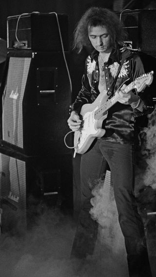 1st NOVEMBER: Guitarist Ritchie Blackmore from Deep Purple performs live on stage during the band's American tour in November 1974