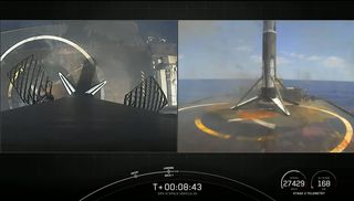 A SpaceX Falcon 9 rocket booster stands atop the drone ship Just Read The Instructions in the Atlantic Ocean following the successful launch of a new GPS III SV05 satellite for the U.S Space Force on June 17, 2021.