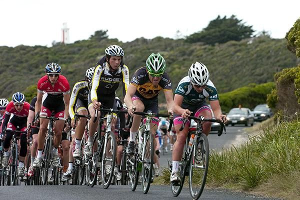 Alexander Ray (Hyster-Total Rush) drives the peloton during the 86 kilometre seventh stage.