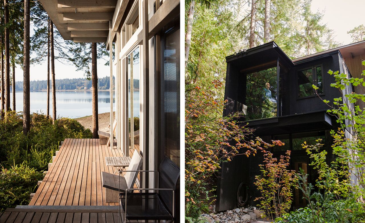 Exterior views of Jim Olson&#039;s holiday home in Washington state, including the shoreside deck at Longbranch