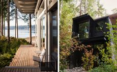 Exterior views of Jim Olson's holiday home in Washington state, including the shoreside deck at Longbranch