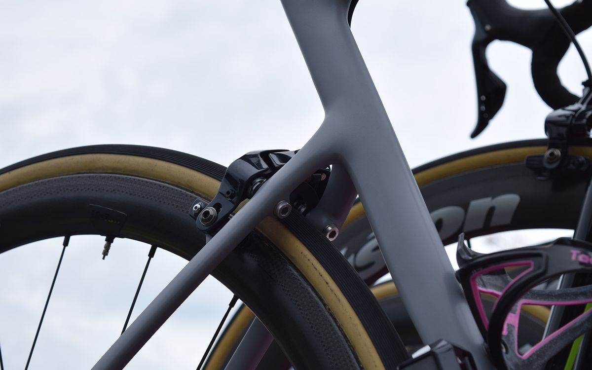 The rim brake version of the frameset uses direct mount calipers front and rear