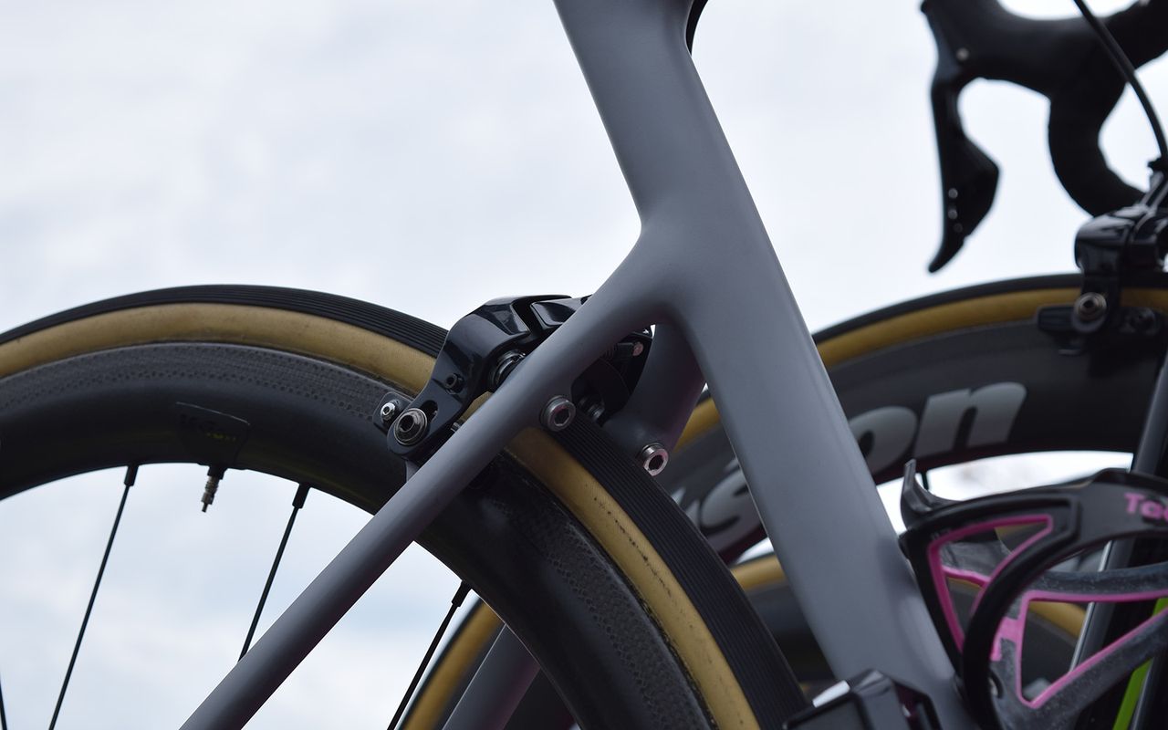 The rim brake version of the frameset uses direct mount calipers front and rear