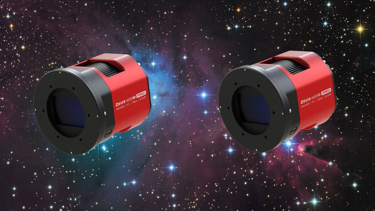 The Player One Zeus 455C and 455M Pro astrophotography cameras, pictured against a starry sky backdrop