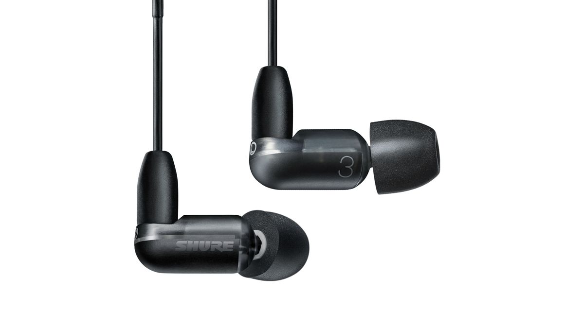 A black pair of Shure Aonic 3 wired in-ear headphones on a plain white background.