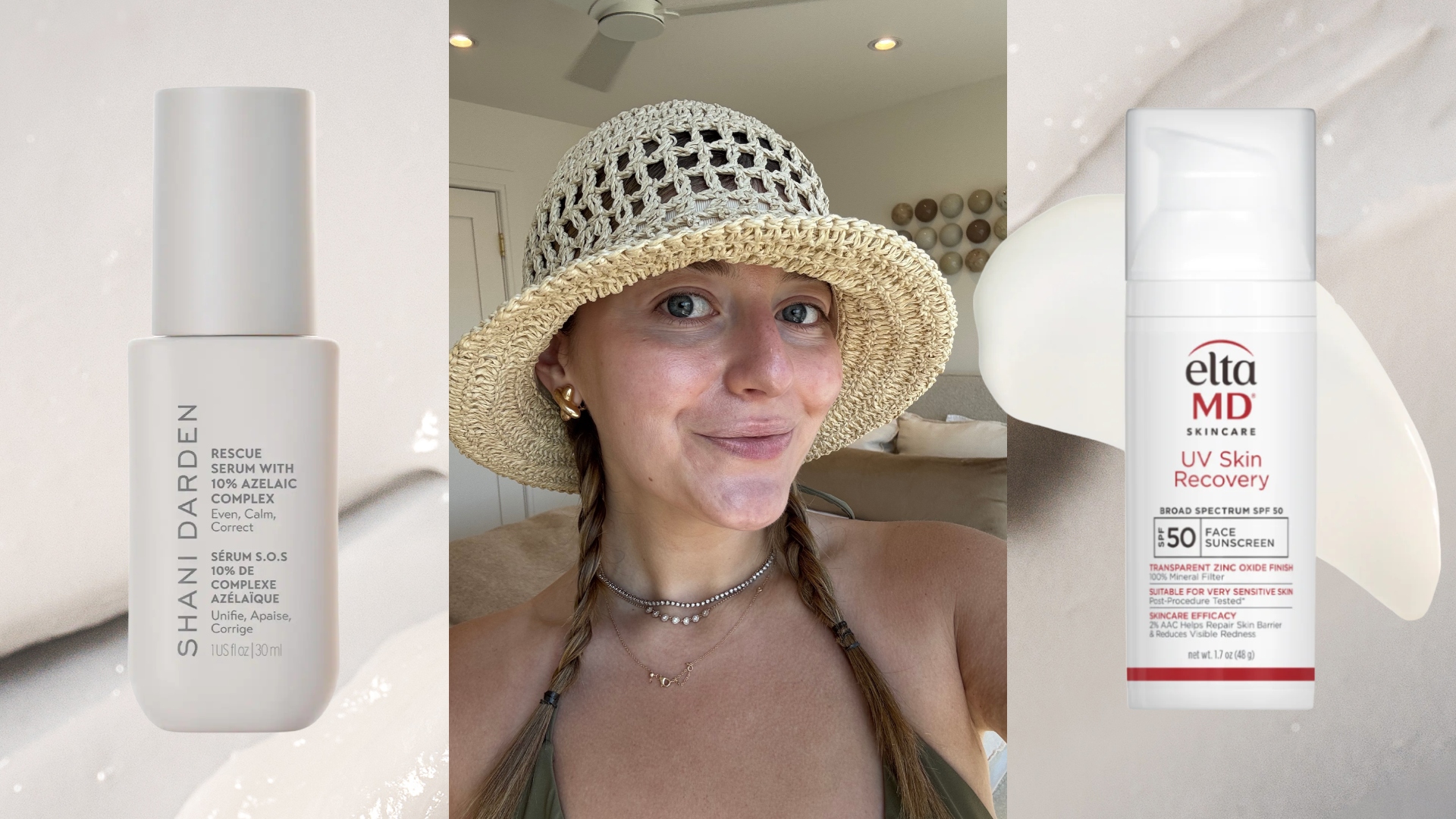girl in a sun hat during the summer next to rosacea reducing skincare products in white bottle