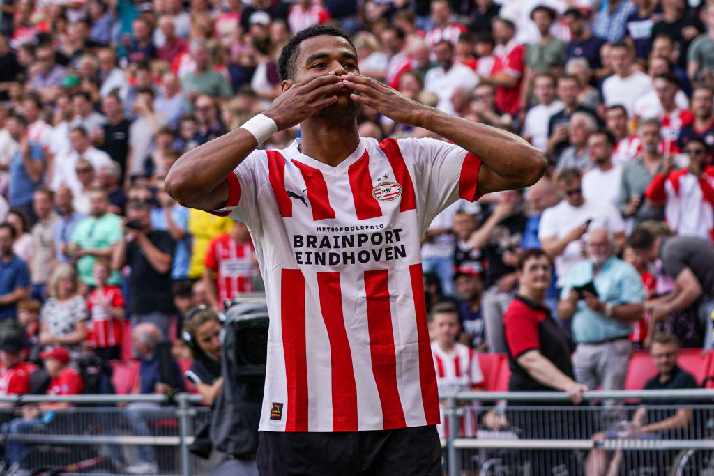 Cody Gakpo of PSV celebrates after scoring his teams first goal during the pre-season friendly match between PSV and Real Betis at Philips Stadion on July 23, 2022 in Eindhoven, Netherlands