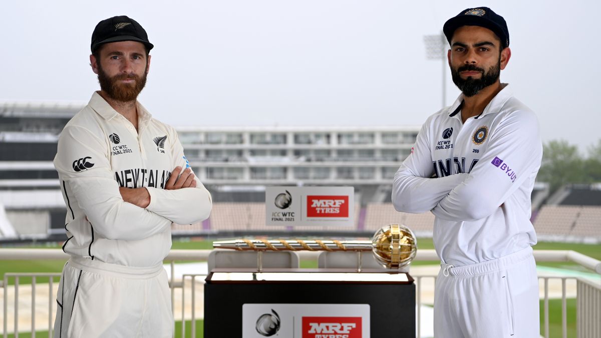 Rival captains Kane Williamson of New Zealand and Virat Kohli of India pose with the ICC ICC World Test Championship mace ahead of the final at The Ageas Bowl.