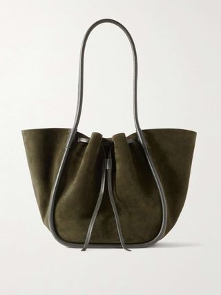 Large Leather-Trimmed Ruched Suede Tote