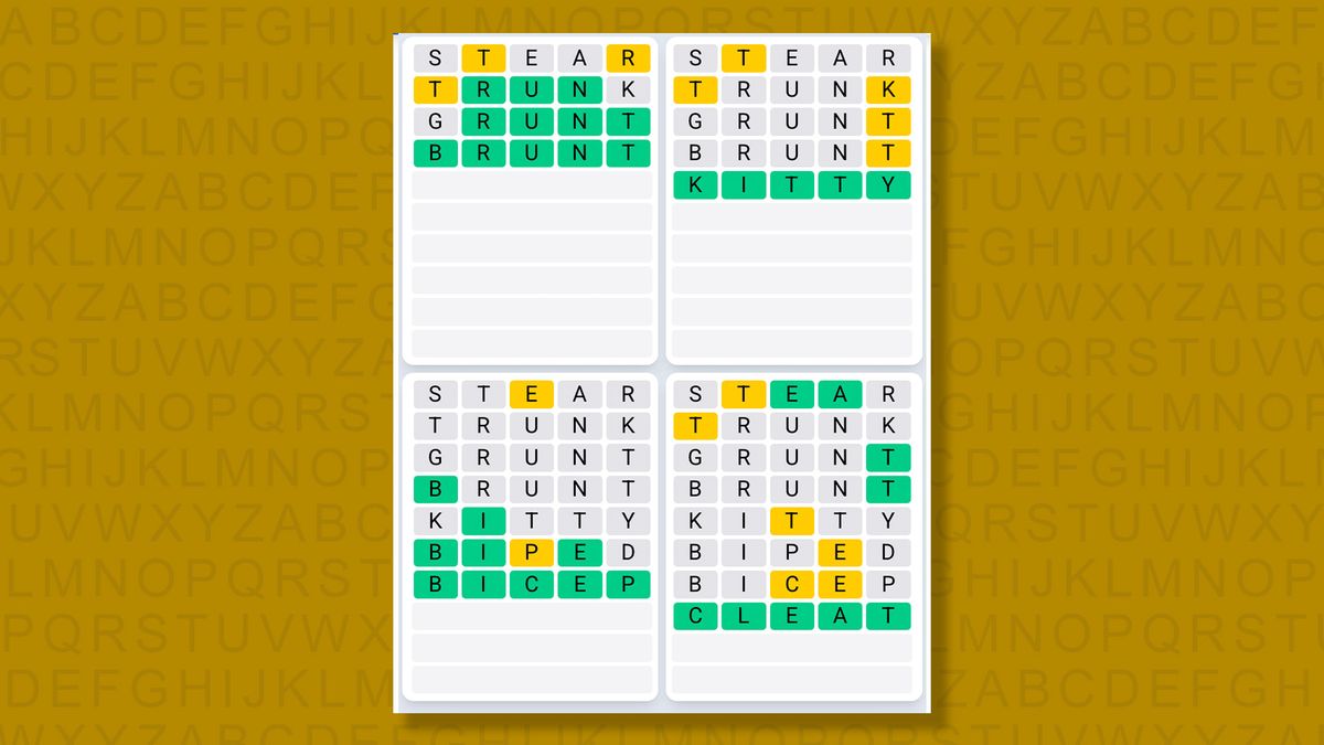 Quordle Daily Sequence answers for game 1577 on a yellow background