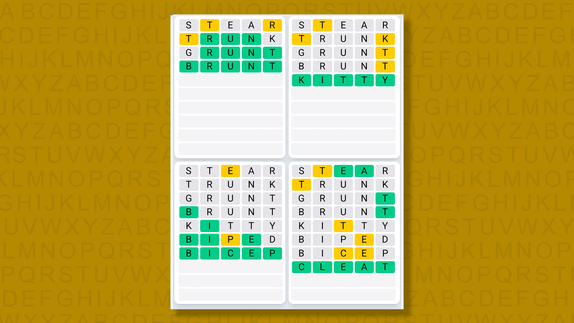 Quordle Daily Sequence answers for game 1577 on a yellow background