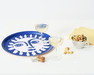 Tray blue drinks glasses nibbles sunshine motif desert deco