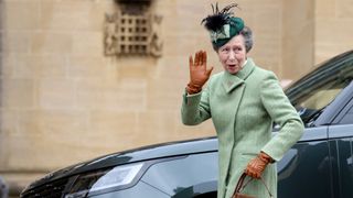Princess Anne, Princess Royal arrives to attend the Easter Matins Service at Windsor Castle wearing a green coat