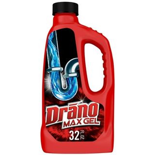 Red large bottle with black lid and red ribbed handle and image of a blue liquid flushing down a sparkling u-bend pipe and wording of product Drano Max Gel Drain Clog Remover, 32 Oz in bold graphic font