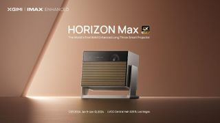 Xgimi Horizon Max projector on a bronze background with the subtitle: The world's fist IMAX Enhanced Long Throw Smart Projector 