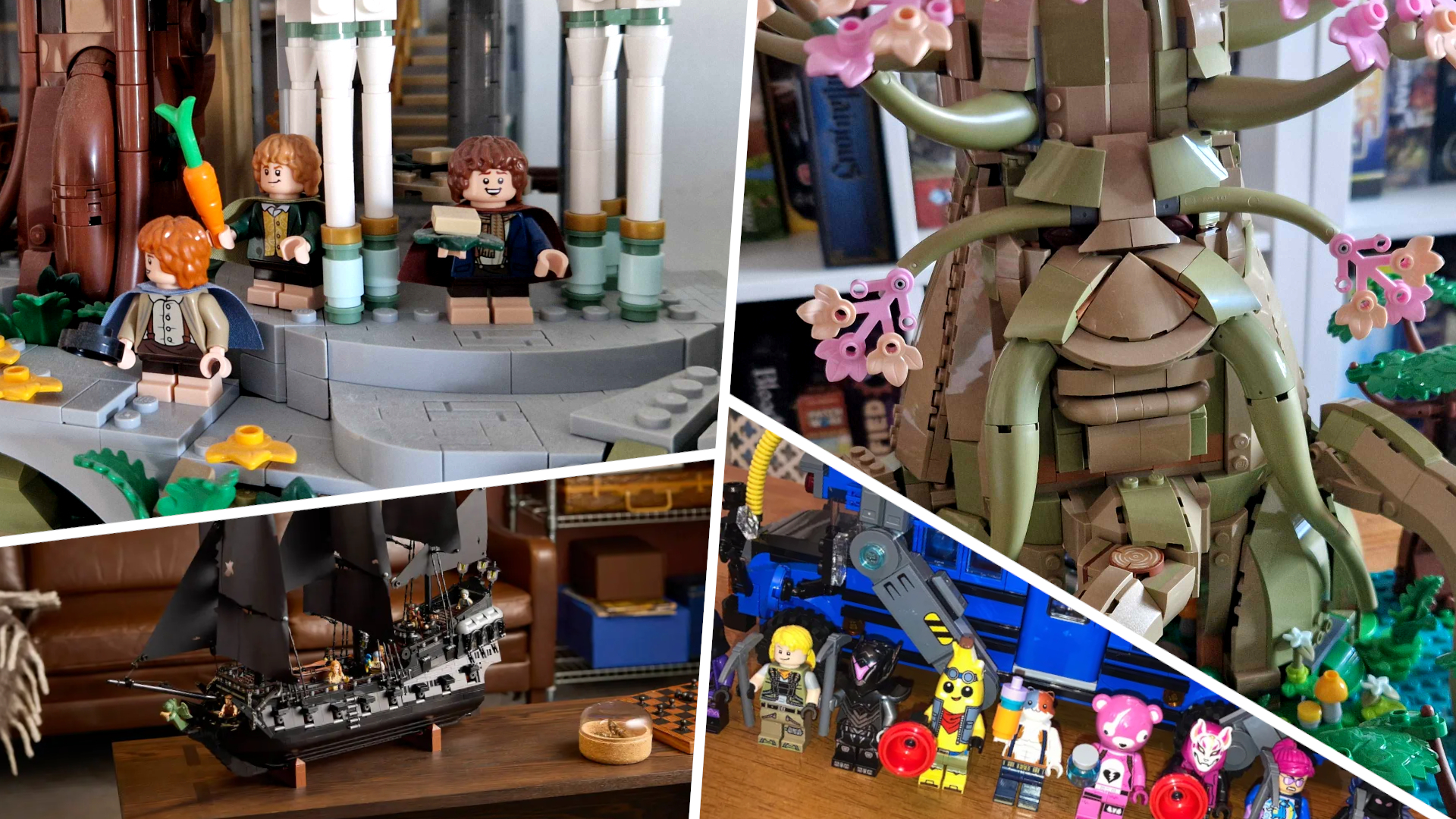 Hobbit minifigures from Lego Rivendell, the Great Deku Tree, the Black Pearl set, and Fortnite minifigures divided by white lines