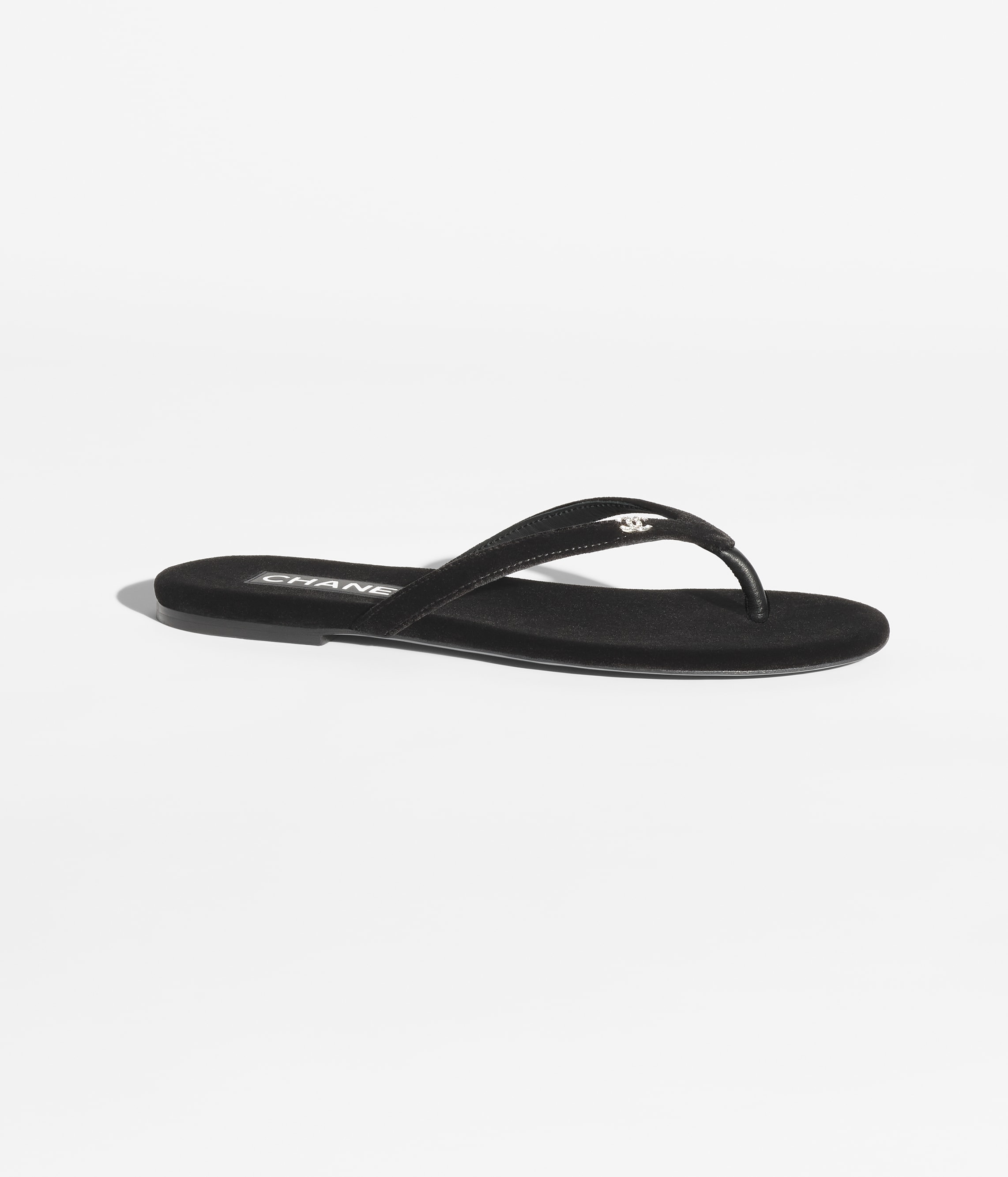 chanel black velvet thong sandals