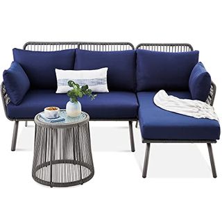 Best Choice Products Outdoor Rope Woven Sectional Patio Furniture L-Shaped Conversation Sofa Set for Backyard, Porch W/thick Cushions, Detachable Lounger, Side Table - Gray/navy