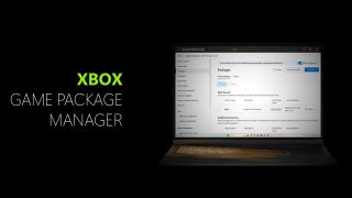 "Dark-themed promotional image of Xbox Game Package Manager. A laptop displays the Microsoft Partner Center interface, emphasizing package management."