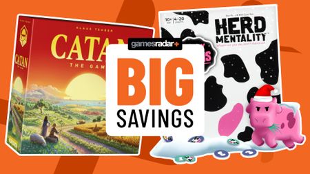 Catan and Herd Mentality board game boxes on an orange background, behind a GamesRadar+ 'big savings' badge