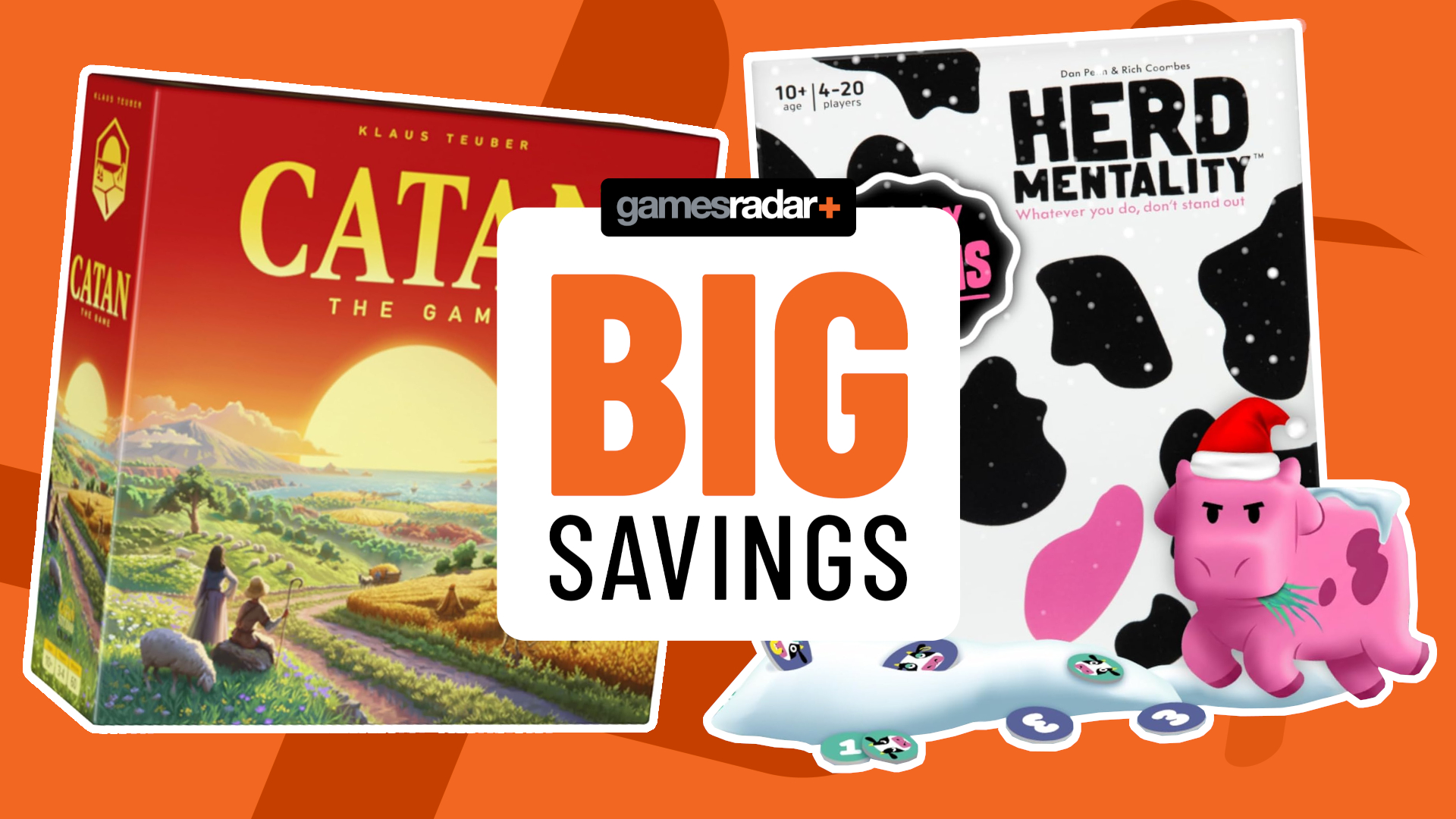 Catan and Herd Mentality board game boxes on an orange background, behind a GamesRadar+ &#039;big savings&#039; badge