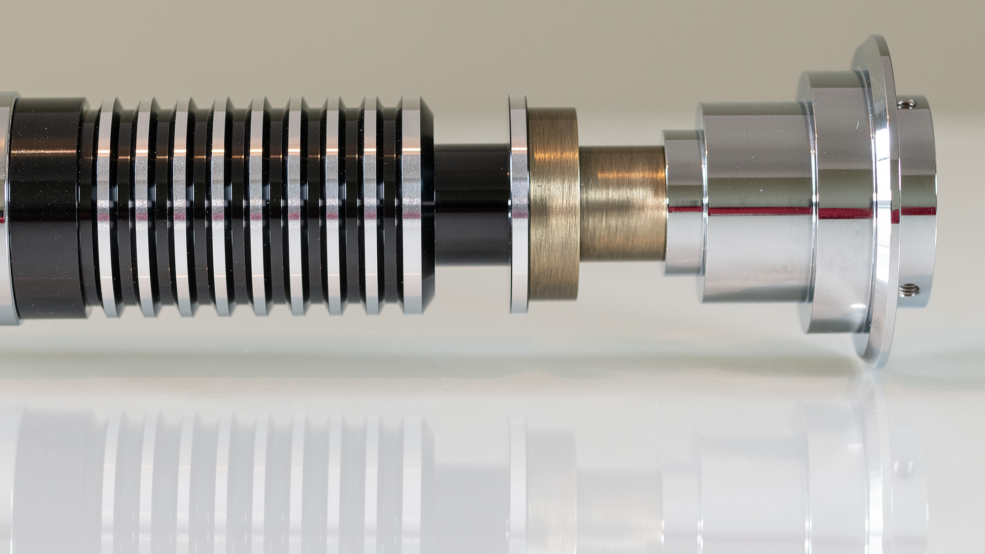 The SabersPro Luke lightsaber, close up of the end, where the blade attaches.