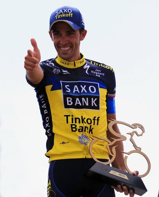 Alberto Contador (Saxo-Tinkoff) gives his trademark salute after earning his first victory of 2013.
