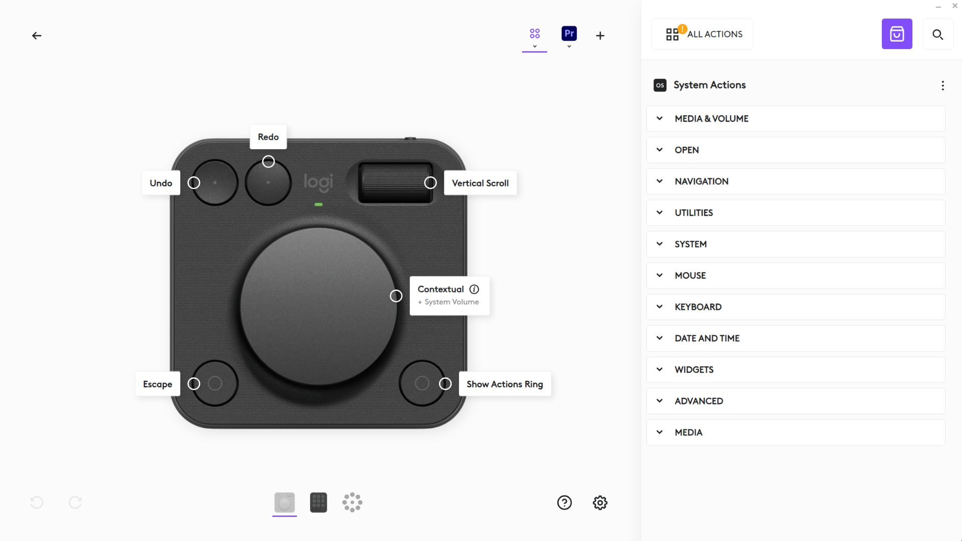 The Logi Options+ application showing the customization of the MX Creative Dialpad