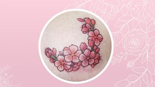decorative floral breast cancer tattoo on pink background with floral illustration