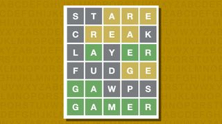Wordle answer 335 (GAMER) on a yellow background