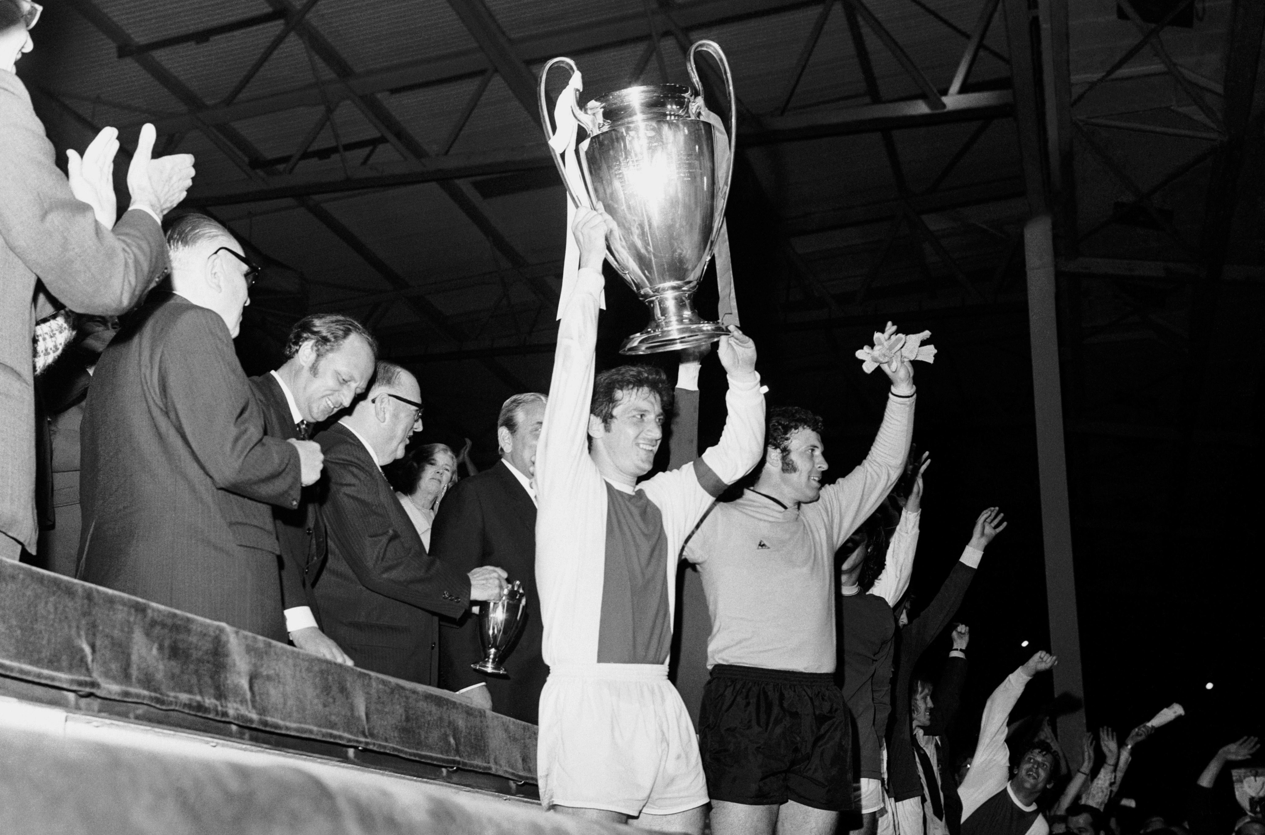 Ajax captain Velibor Vasovic lifts the European Cup, 1971