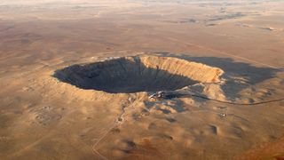 Aerial view of Barringer crater (meteor impact) in Arizona.
