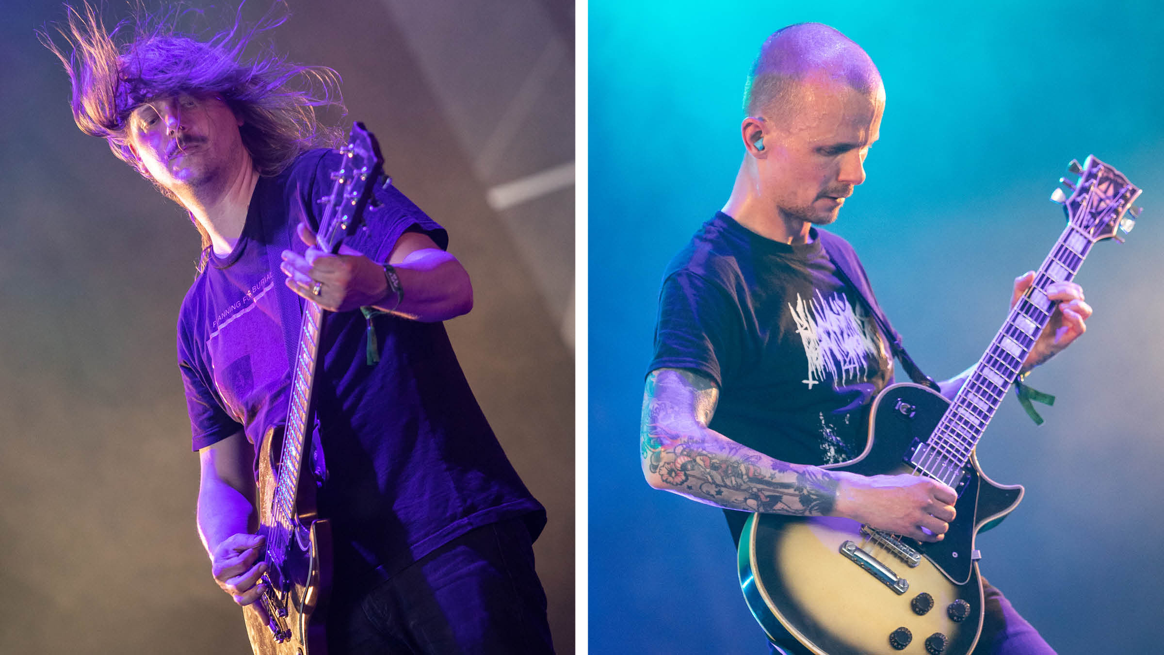Pelican&#039;s Trevor de Brauw [left] and Laurent Schroeder-Lebec perform at Hellfest 2022. De Brauw plays his Gibson SG. Schroeder-Lebec is playing his Silverburst Gibson Les Paul Custom.