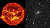 A composite image showing the sun's disk on the left and the nucleus and coma of a comet pictured against a distant starfield on the right.