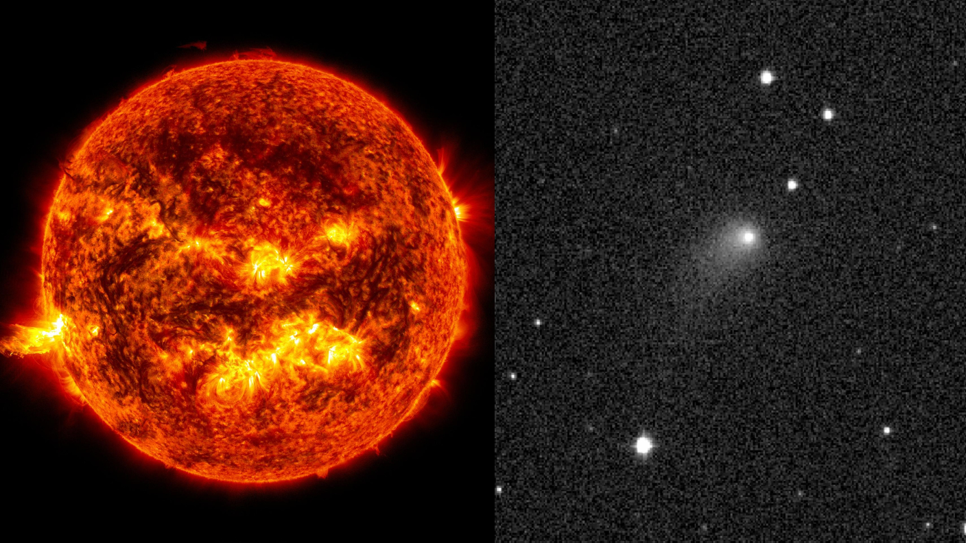 A composite image showing the sun's disk on the left and the nucleus and coma of a comet pictured against a distant starfield on the right.
