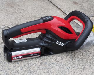 battery pack on a cordless hedge trimmer