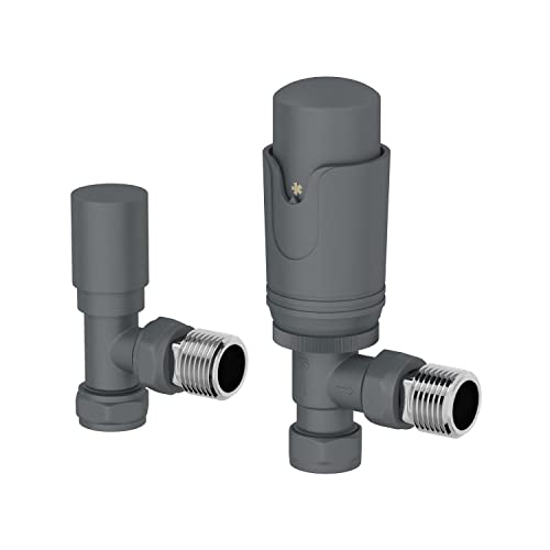 Duratherm&amp;reg; Thermostatic Radiator Valve Pack Set, 15mm Lockshield Trv &amp;amp; Thermostat, Anthracite Grey Valves for Central Heating Radiators, Modern, Angled