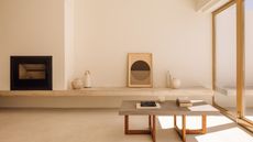 A minimalist living room without curtains