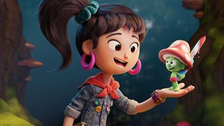 Blender 3.1 review; a cartoon girl holds a smiling mushroom