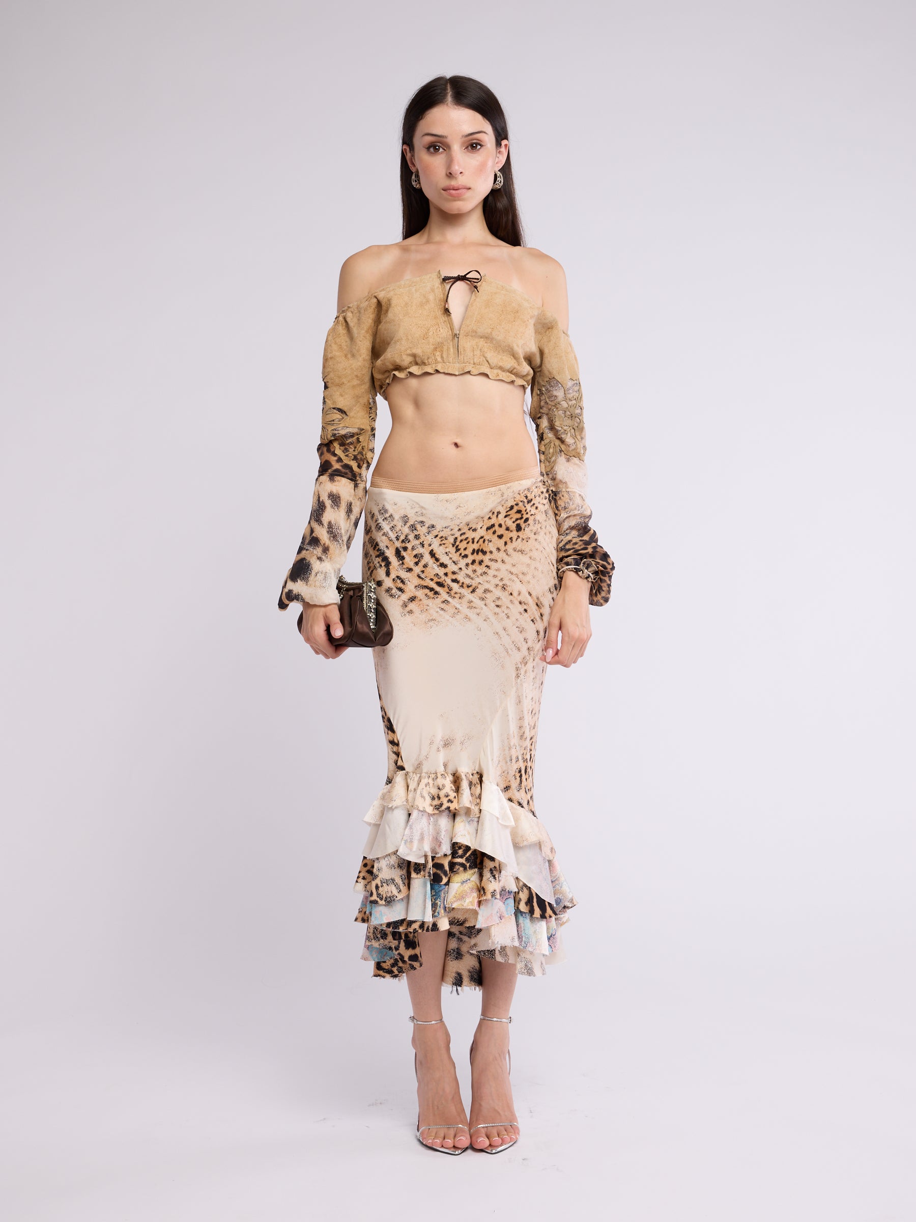 Roberto Cavalli Ss 2002 Animal Print Skirt Set - Beige