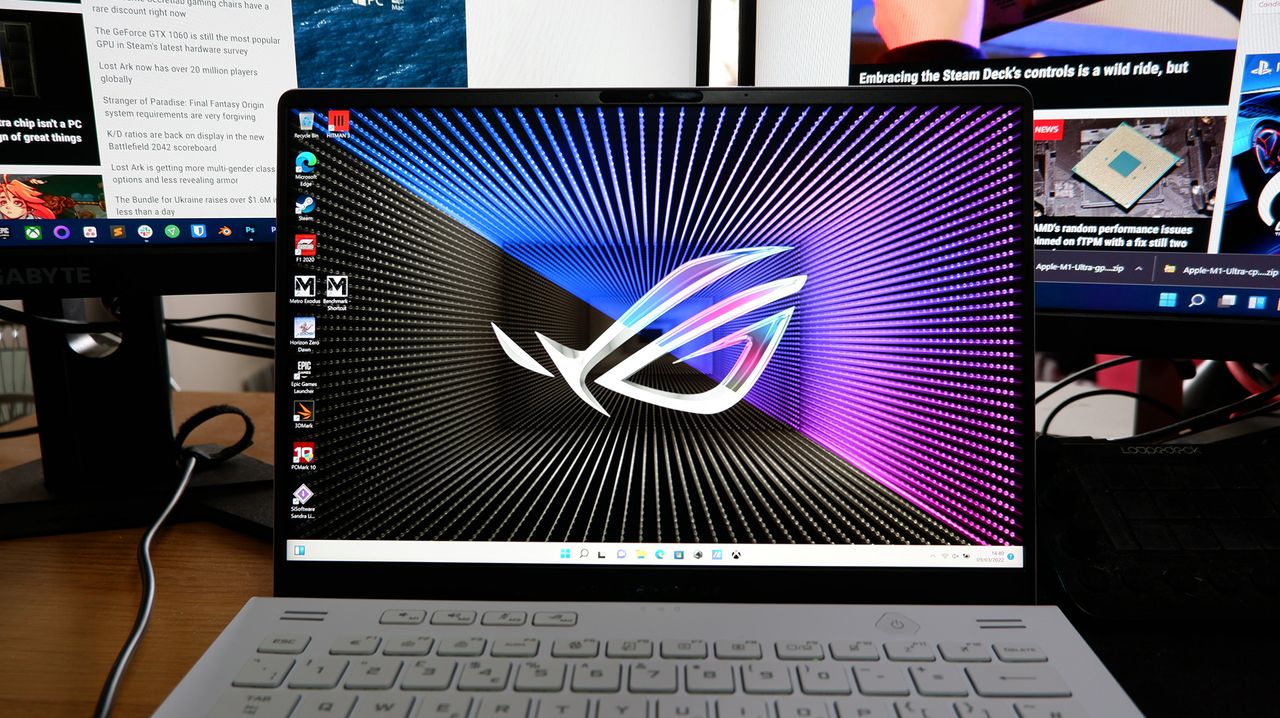Asus ROG Zephyrus G14 gaming laptop screen close up.