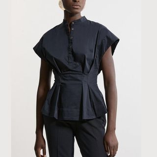 Poplin Cap Sleeve Buttoned Pintuck Woven Shirt